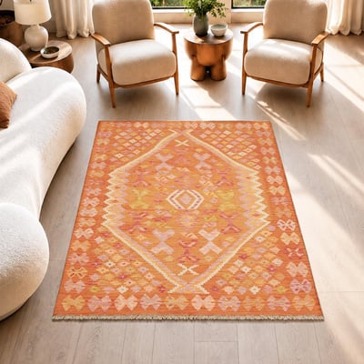 Tapis kilim au motif ethnique, tissé plat en laine naturelle UN AMOUR DE TAPIS