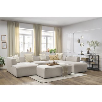 Canapé panoramique fixe 6 places en tissu chiné avec pouf, MEGEVE BOBOCHIC