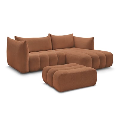 Canapé d'angle fixe 3 places en tissu bouclette avec pouf, AZRA BOBOCHIC