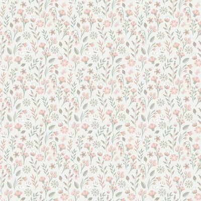 Papier peint floral champêtre rose poudré HEXOA