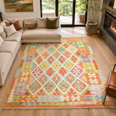 Tapis kilim géométrique, tissé plat en laine, KILIM 46 UN AMOUR DE TAPIS