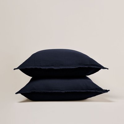 Lot de 2 taies d'oreiller Lou  en Gaze de coton lavé finition frangée, 65x65 cm Bleu 65x65 cm MADURA