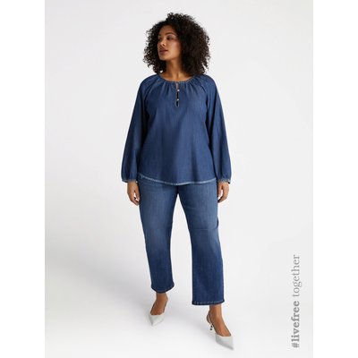 Chemise en denim 100 % coton, encolure ronde avec ouverture devant fermée par des boutons et fronces sur le devant et dans le dos FIORELLA RUBINO