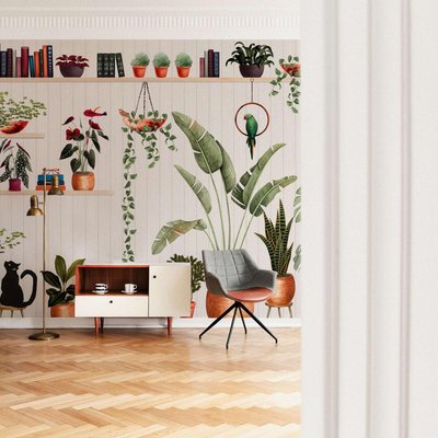 Papier peint panoramique avec pots de fleurs, plantes et animaux - 340x260 cm (l x h) LA TOUCHE ORIGINALE