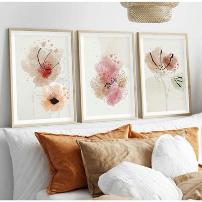 Tableau floral aquarelle rose et beige – lot de 3 PIER IMPORT