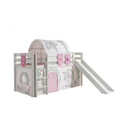 PINO Lit mezzanine avec toboggan + Rideau et tunnel de lit + 3 pochettes Birdy VIPACK
