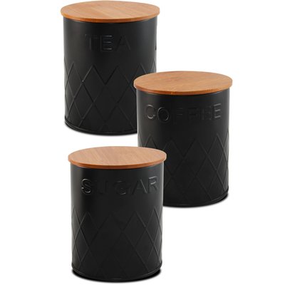 Set de 3 boîtes de cuisine en métal noir et bambou café, thé, sucre WADIGA