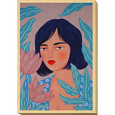 Tableau peint femme fleurs cadre bois ambiance moderne colorée RECOLLECTION