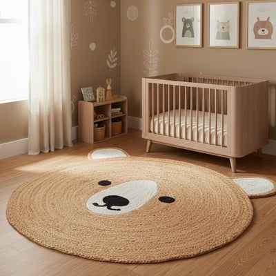 Tapis rond fait main en jute motif animaux JUTEBEAR UN AMOUR DE TAPIS
