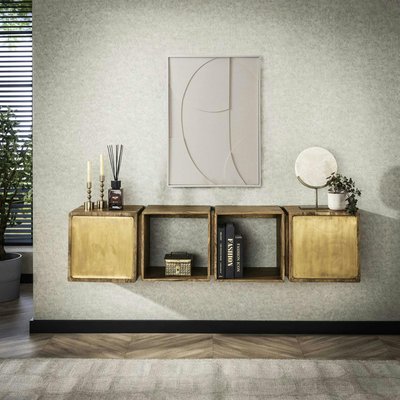 Meuble de rangement mural en bois de manguier finition cuivrée, 4 cubes (2 niches ouvertes, 2 niches fermées) VARA PIER IMPORT