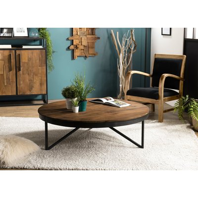 Grande table basse ronde 110cm bois naturel teck recyclé et pieds métal style contemporain industriel SWING PIER IMPORT