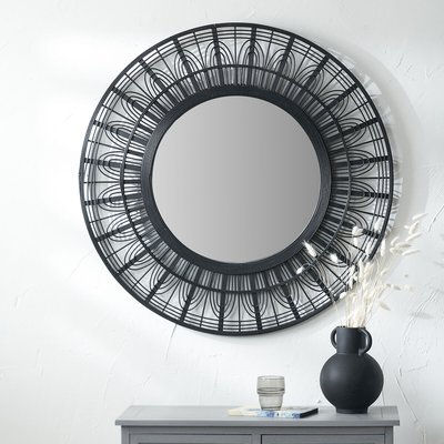 90cm Black Bamboo Frame Round Wall Mirror SO'HOME