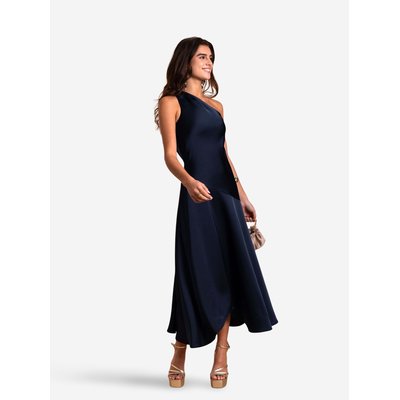 Robe midi asymétrique bleu marine avec jupe en cape THE-ARE