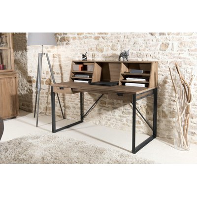 Bureau en Teck recyclé et métal noir 2 tiroirs et partie supérieure avec 7 niches 140x70x113cm SWING PIER IMPORT