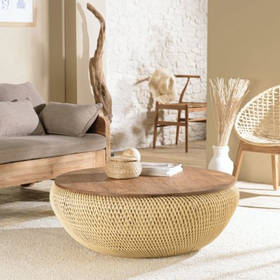 Table basse coffre ronde rotin beige et teck recyclé 100 cm SWING PIER IMPORT