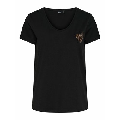T-shirt scollo a V, cuore ricamato PIECES