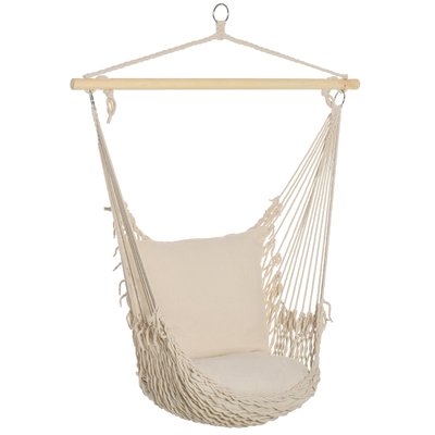 Chaise suspendue - coussin rembourré - bois macramé tissu beige OUTSUNNY