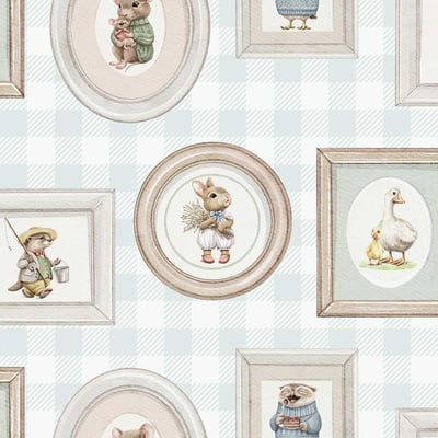 Papier peint animaux portraits vichy bleu enfant HEXOA