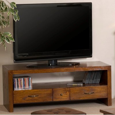 Meuble TV 120cm bois exotique verni 3 tiroirs 1 niche LOLA PIER IMPORT