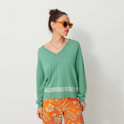 Pull MALO col V manches longues en coton et lin BENSIMON