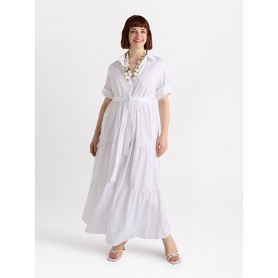 Robe chemise longue en coton stretch, avec col, volants, passants aux manches et ceinture en 100 % coton FIORELLA RUBINO