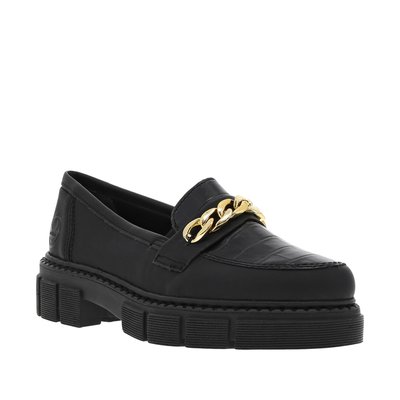 Mocassins noirs à semelle bloc avec petits soufflets élastiqués et chaîne métallique dorée sur l'empeigne RIEKER