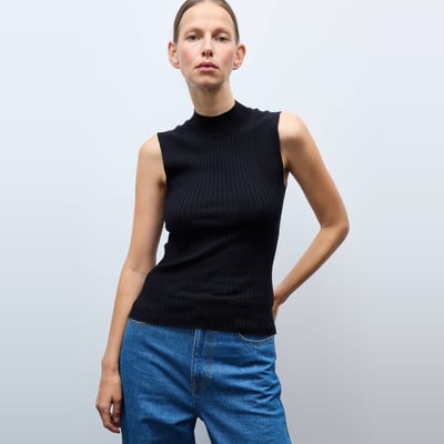 Pull sans manches à côtes uni en coton et cachemire mélangés MONOPRIX