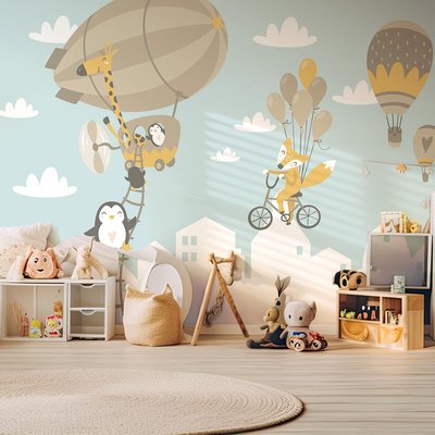 Papier peint enfant animaux en montgolfiere HEXOA