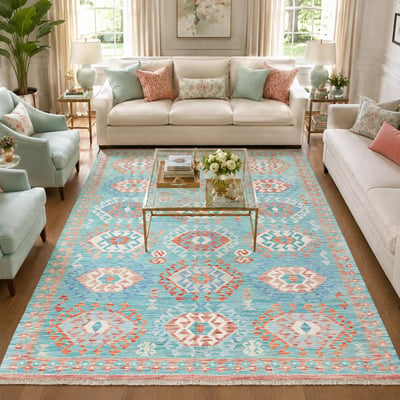 Tapis kilim géométrique, tissé à plat, en laine naturelle UN AMOUR DE TAPIS