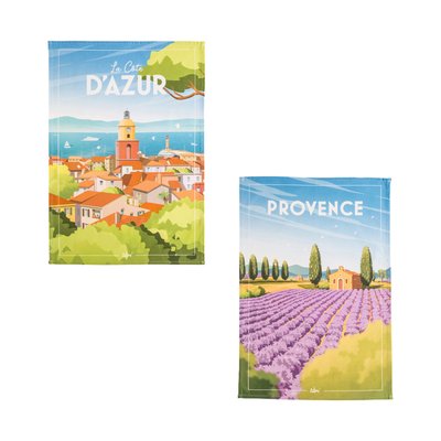 Lot de 2 torchons imprimés en coton, CÔTE D'AZUR ET PROVENCE COUCKE