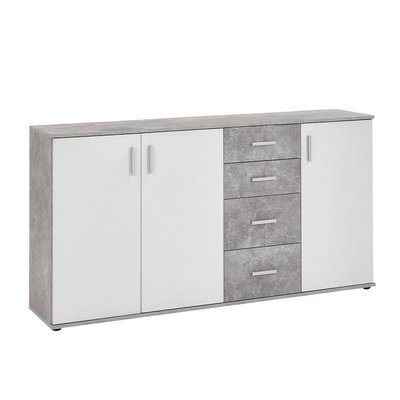 Buffet 3 portes et 4 tiroirs L160 cm Béton et Blanc - Albi CALICOSY