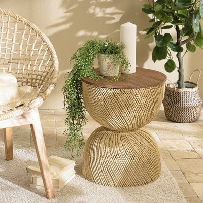 Bout de canapé rond en rotin beige plateau bois 41 cm SWING PIER IMPORT