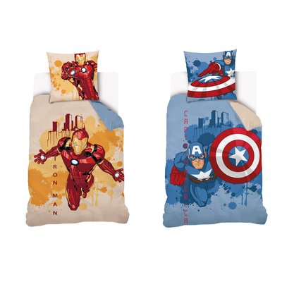 Parure de lit coton, recto/verso Captain America et Iron Man MARVEL
