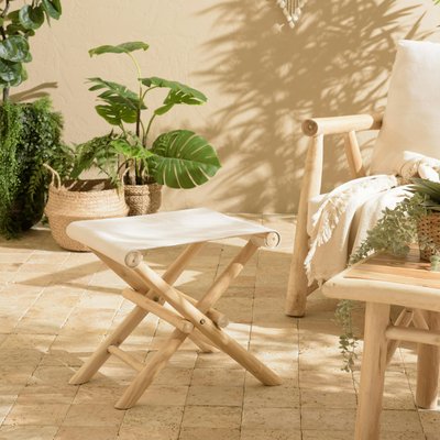 Tabouret pliant rondins de teck naturel et tissu blanc MANAK PIER IMPORT