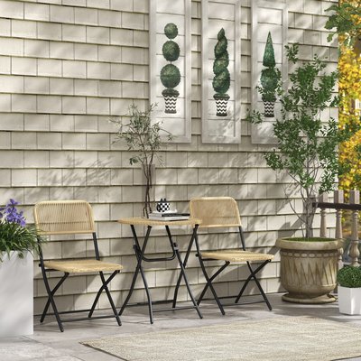 Ensemble bistro de jardin 3 pièces pliantes style cosy acier noir résine beige OUTSUNNY