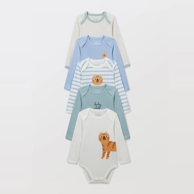 Lot de 5 bodies manches longues imprimé en coton BIO GOTS BOUT'CHOU