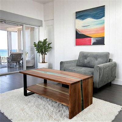 Table basse rivière epoxy lagon et bois d'acacia BORA PIER IMPORT