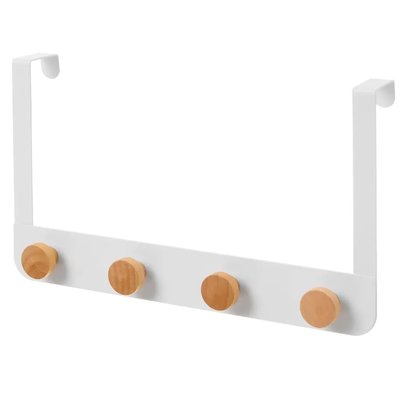 Portemanteau de porte 4 crochets en métal blanc et bois 35x8x20cm WADIGA