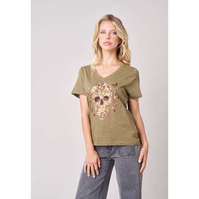 T-shirt femme en 100% coton avec imprimé tête de mort florale BESKULL DEELUXE