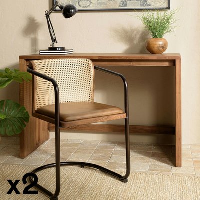 Fauteuil cuir et rotin havane pied luge arrondi (lot de 2) TIM PIER IMPORT