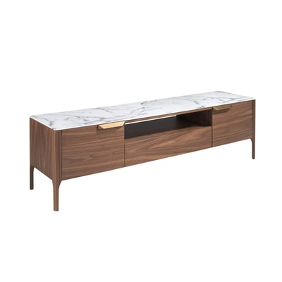 Meuble TV en noyer avec plateau en verre imitation marbre ANGEL CERDA