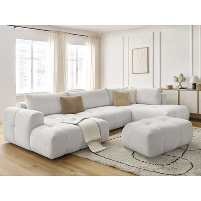 Canapé panoramique convertible 5 places en tissu bouclette avec pouf, FUJI BOBOCHIC