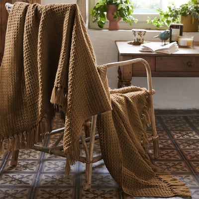 Plaid à franges 180x220 cm Polyéthylène Téréphtalate Camel EDEN