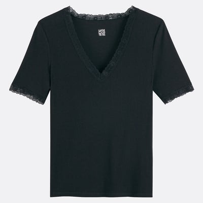 Футболка с V-образным вырезом, с отделкой кружевом LA REDOUTE COLLECTIONS