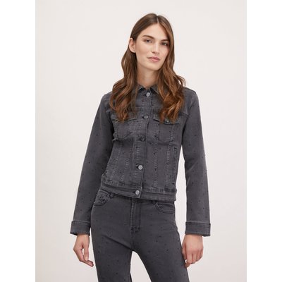 Veste réalisée en denim de coton noir délavage used avec strass appliquées MOTIVI