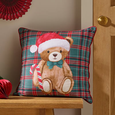 Christmas Tartan Teddy Bear Cushion CATHERINE LANSFIELD