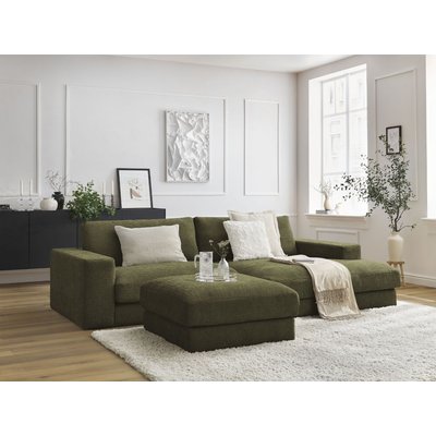 Canapé d'angle fixe 5 places en tissu texturé avec pouf, LEONARD BOBOCHIC