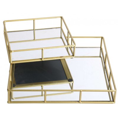 Set de 2 Plateaux en Métal Doré et Miroir Carrés - 30x30X5cm WADIGA