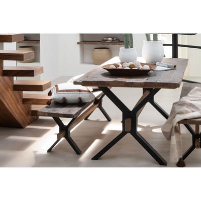 Table de ferme industriel en bois et pieds croisés métal L180 6 places - MARIE HELLIN, DEPUIS 1862