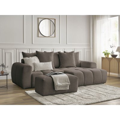 Canapé d'angle convertible 3 places en tissu bouclette avec pouf, ROXELANE BOBOCHIC
